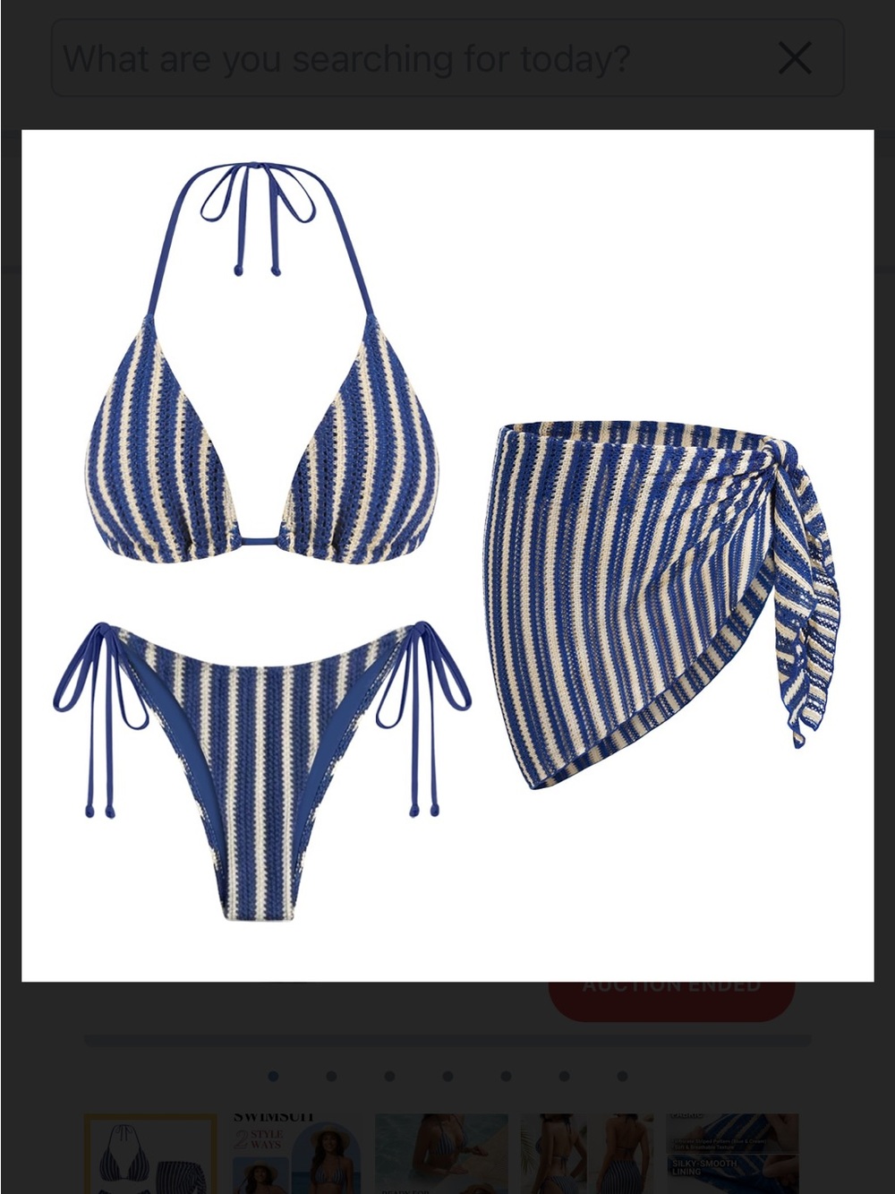 Blue and Cream Striped Tie Bikini Set with Sarong